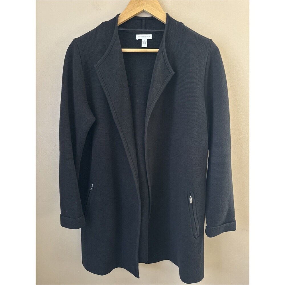 Charter Club Women’s M Black Long Cardigan Zip Front Pockets Soft Sweater